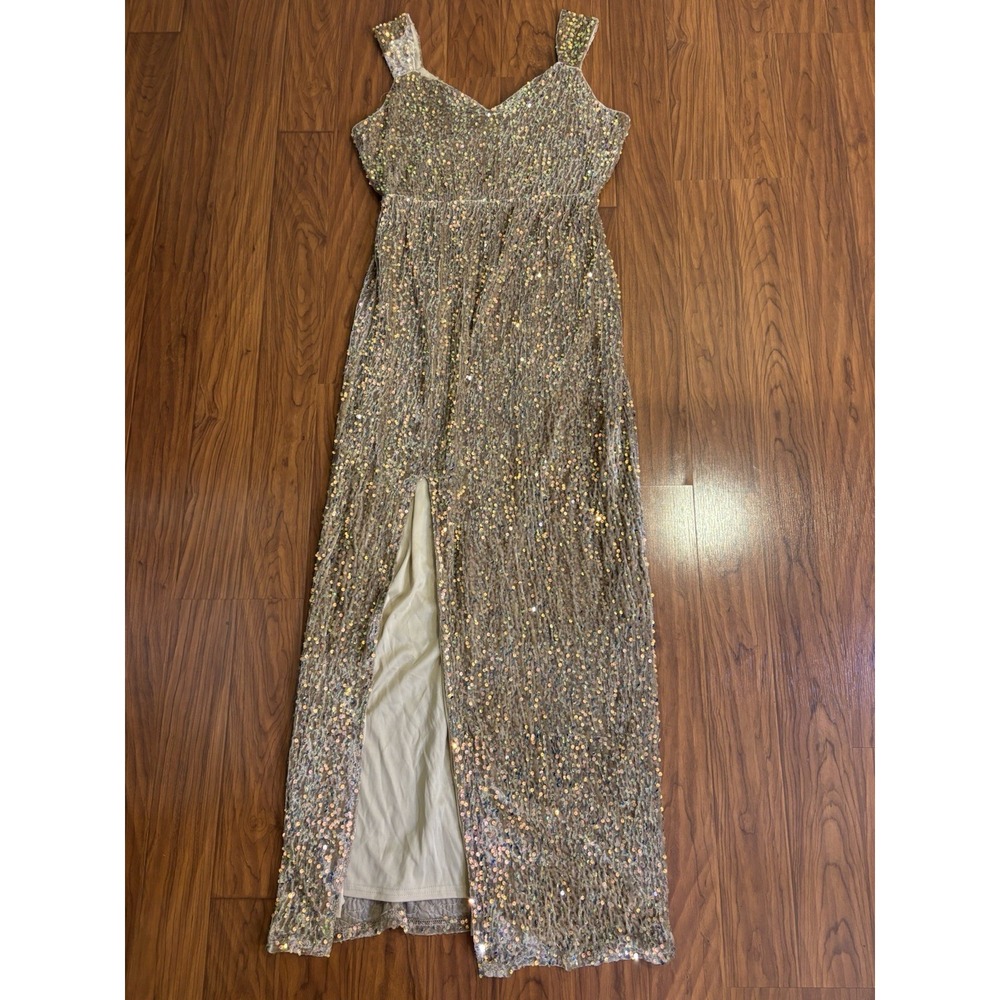 NWT Baltic Born Marilyn Sequin Maxi Gown Taupe Iridescent Slit Womens XL